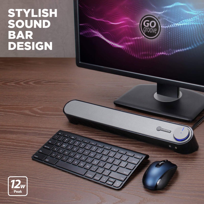 GOgroove Computer Speaker Mini Soundbar - USB Powered PC Sound Bar with Easy Setup Wired AUX, Stereo Audio, Microphone Port, Volume Control Knob, Under Monitor Design for Desktop (Black) - Image 2